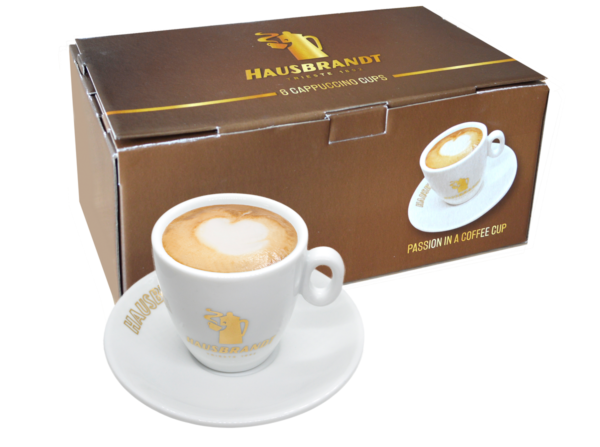 Hausbrandt veće cappuccino šoljice za kafu. Porcelanske šoljice koje dobro izoluju espreso i čuvaju njegove karakteristike do konzumacije. Debelo dno i zidovi šoljice zadržavaju toplotu espresa. Bele šoljice za kafu odišu elegancijom i ističu braon tonove kafe.